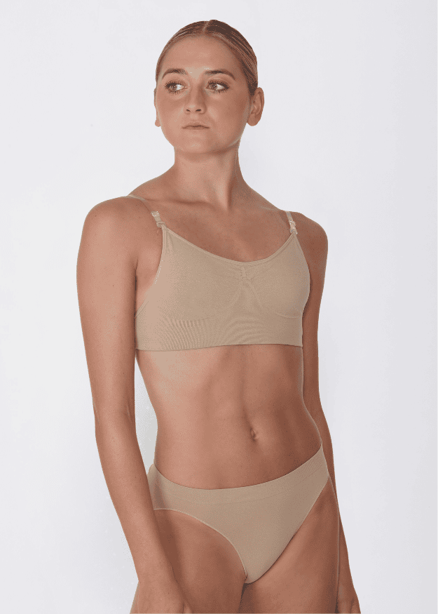 Dancer wearing a Silky Dance seamless bra top and brief in nude